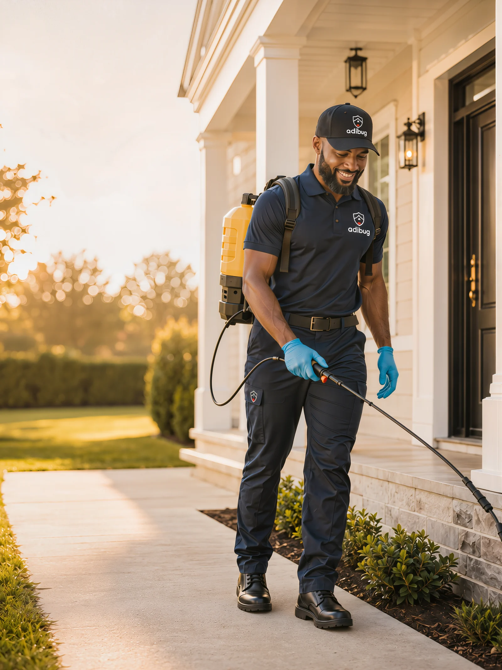 Adibug pest control technician in uniform at a Hampton Roads home